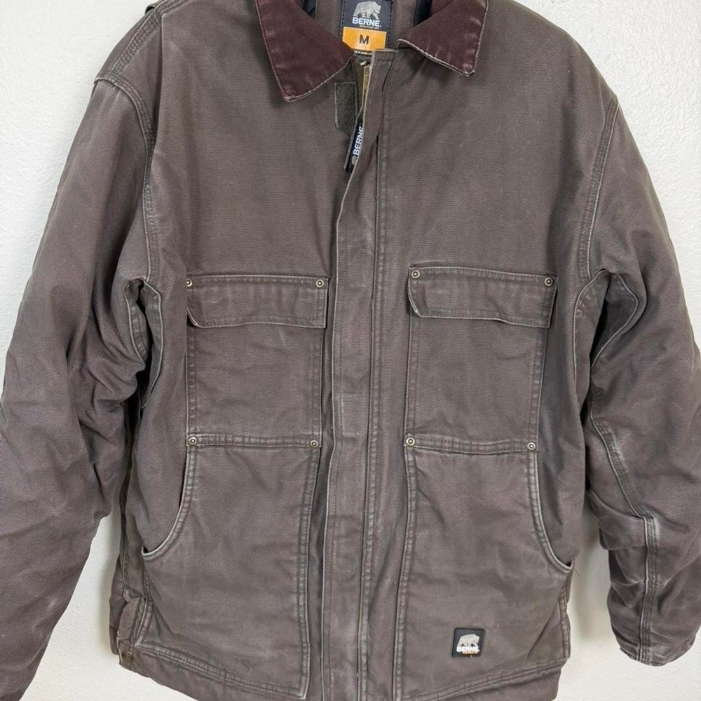 Berne Apparel Mens M Washed Canvas Chore Coat Jacket Brown Quilted Lined CH377OD